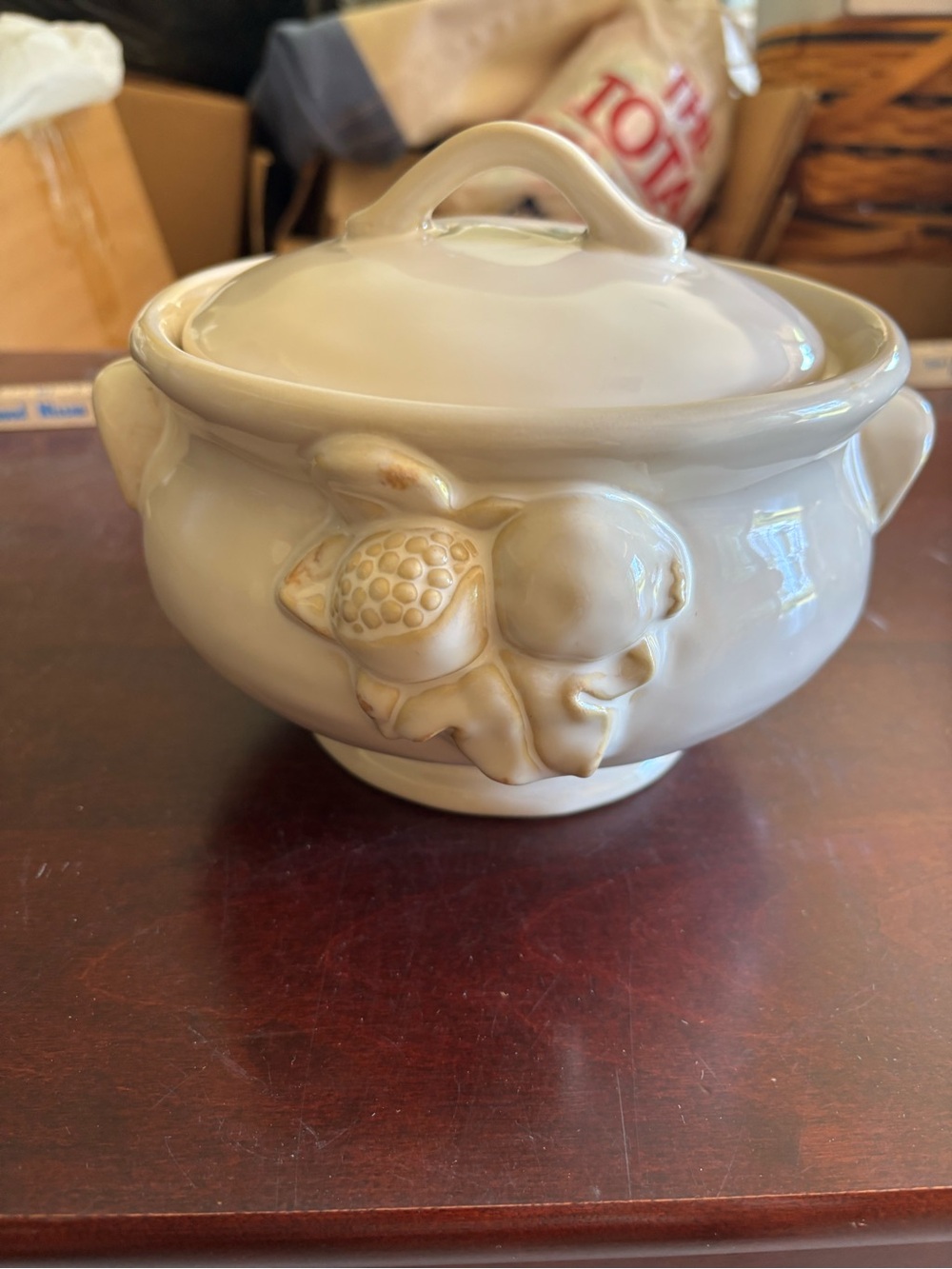 Vintage NWT Pottery Barn Covered Serving Bowl White Ceramic Pomegranate Fruit